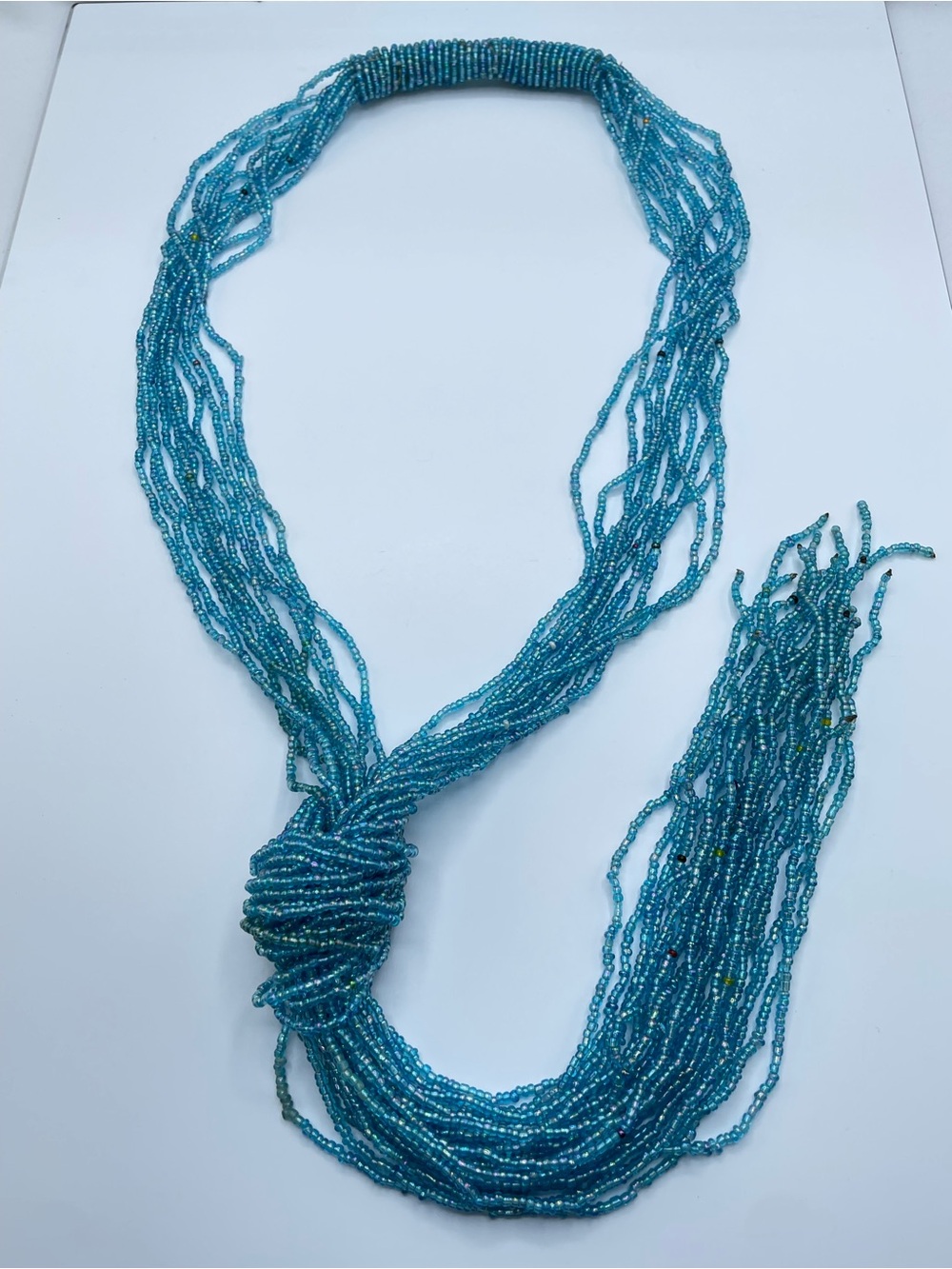 Blue Seed Bead Multistrand Lariat Tassel Necklace Boho Statement